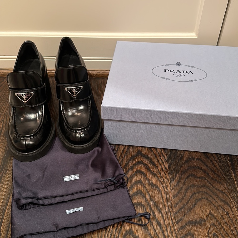 Prada Chocolate high-heeled brushed leather loafers in Black